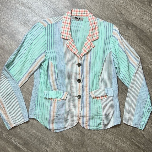 Flax Multicolored Striped 100% Linen Button Front Flap Front Pockets Blazer M? - Picture 2 of 16